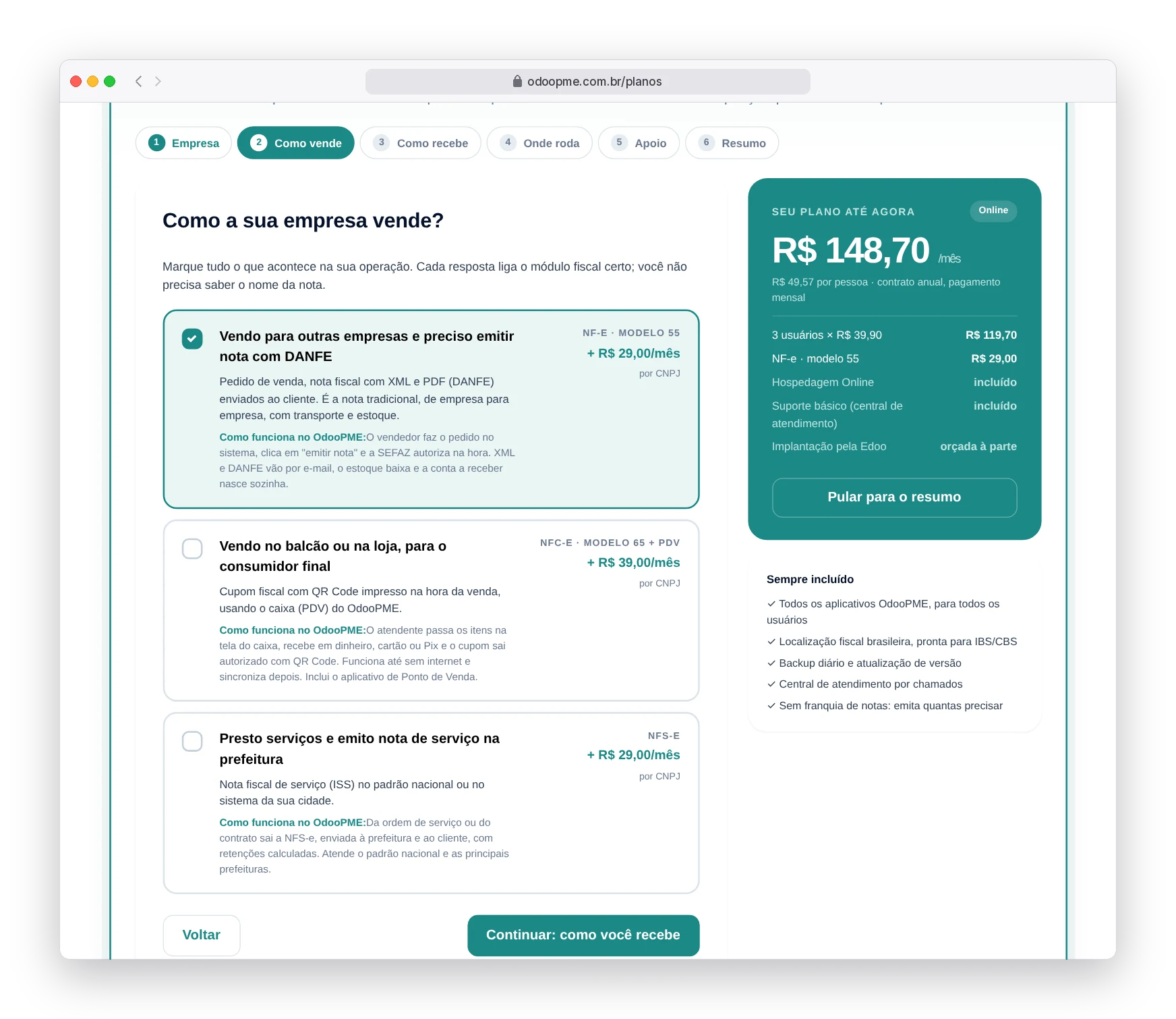 Passo Como vende do simulador, com os cards de NF-e, NFC-e e NFS-e