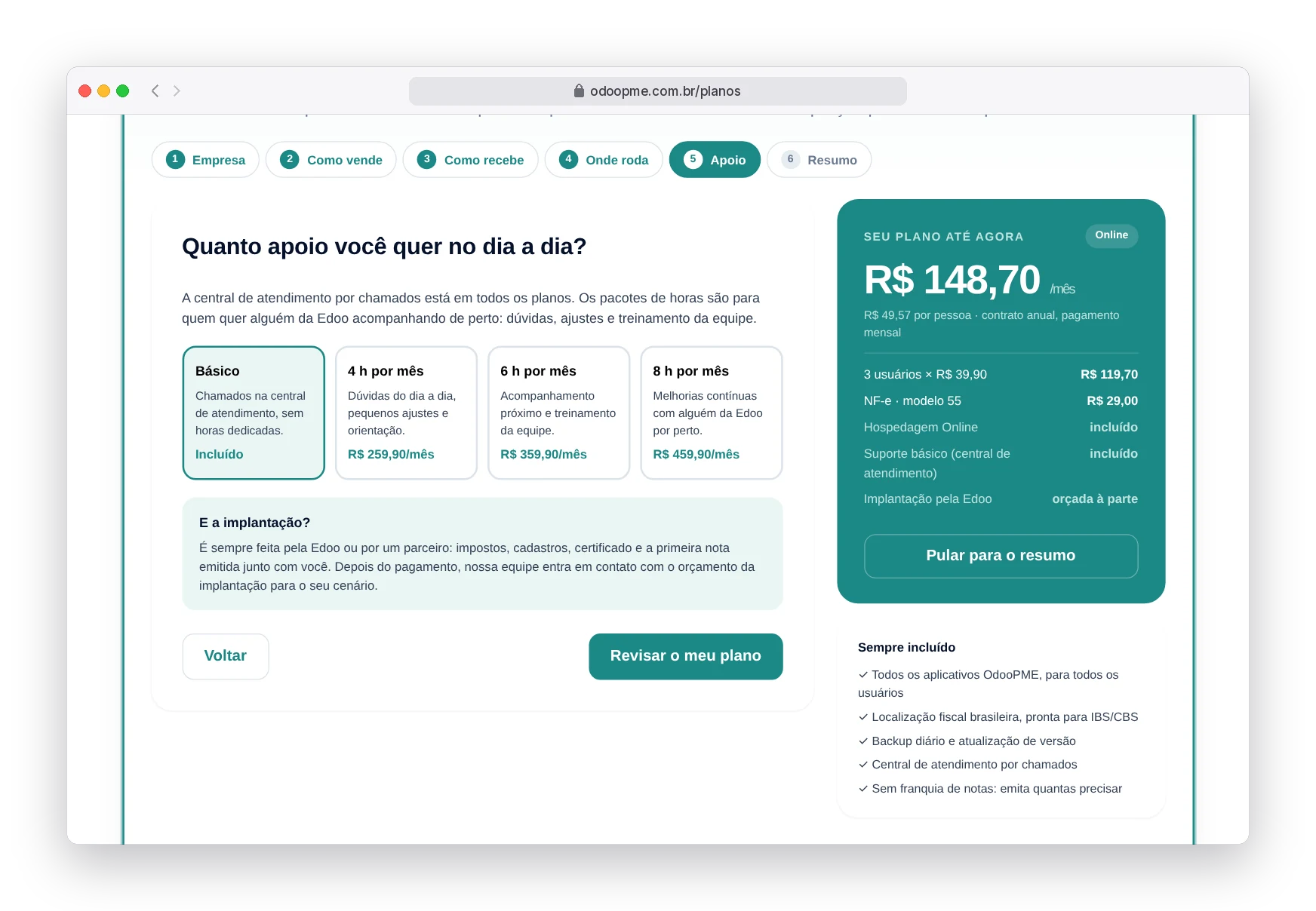 Passo Apoio do simulador, com central de atendimento e pacotes de horas