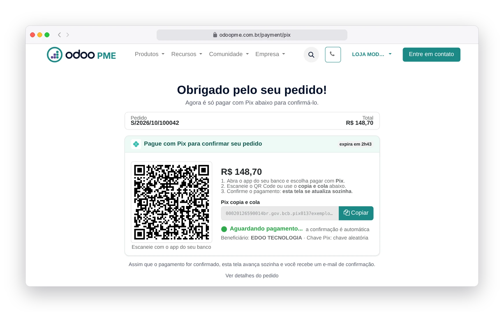 Tela do Pix gerado no Odoo365 com QR Code, valor, código copia e cola e status aguardando pagamento