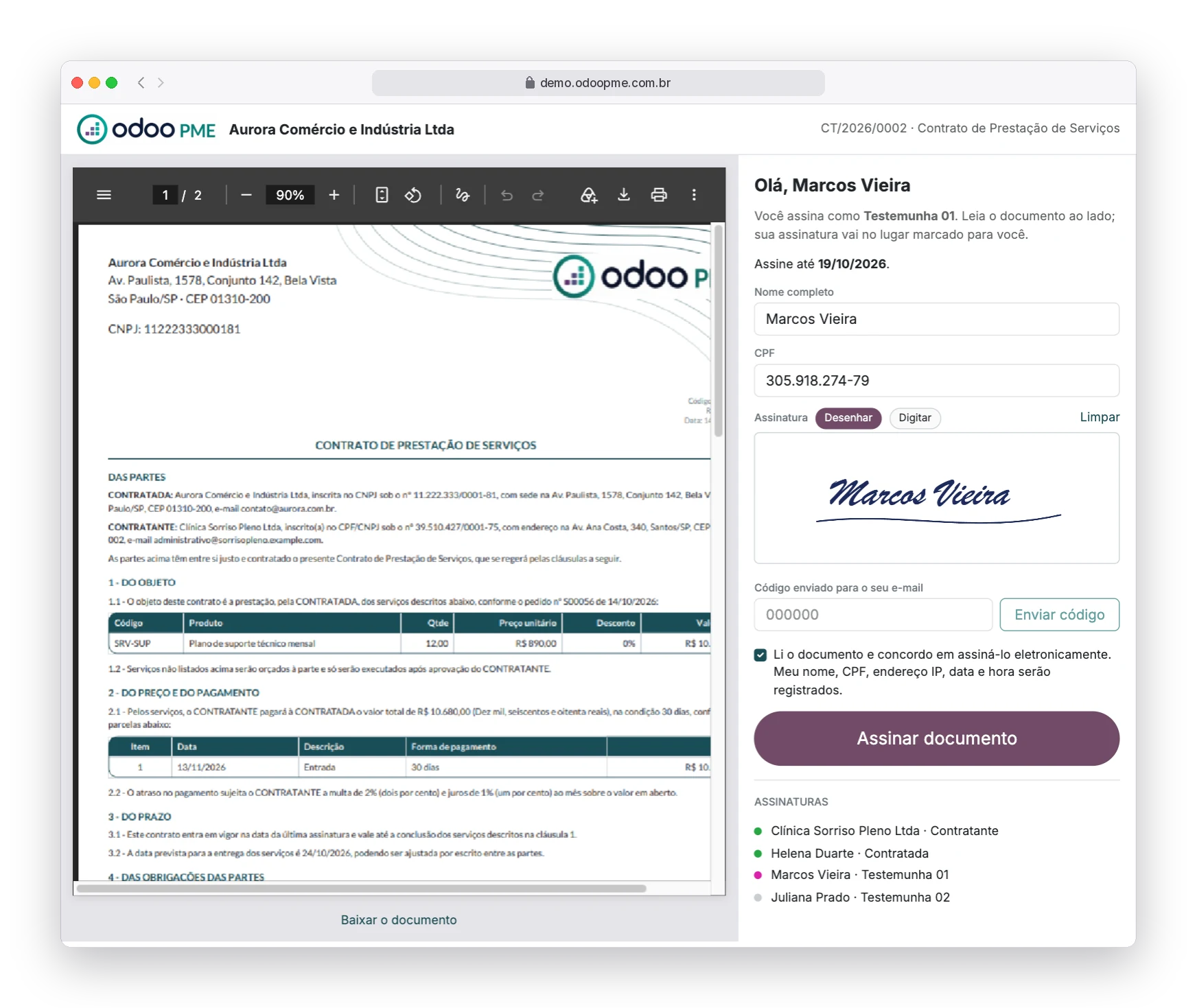 Página de assinatura eletrônica do contrato no Odoo365, com o documento ao lado, assinatura desenhada e código enviado por e-mail