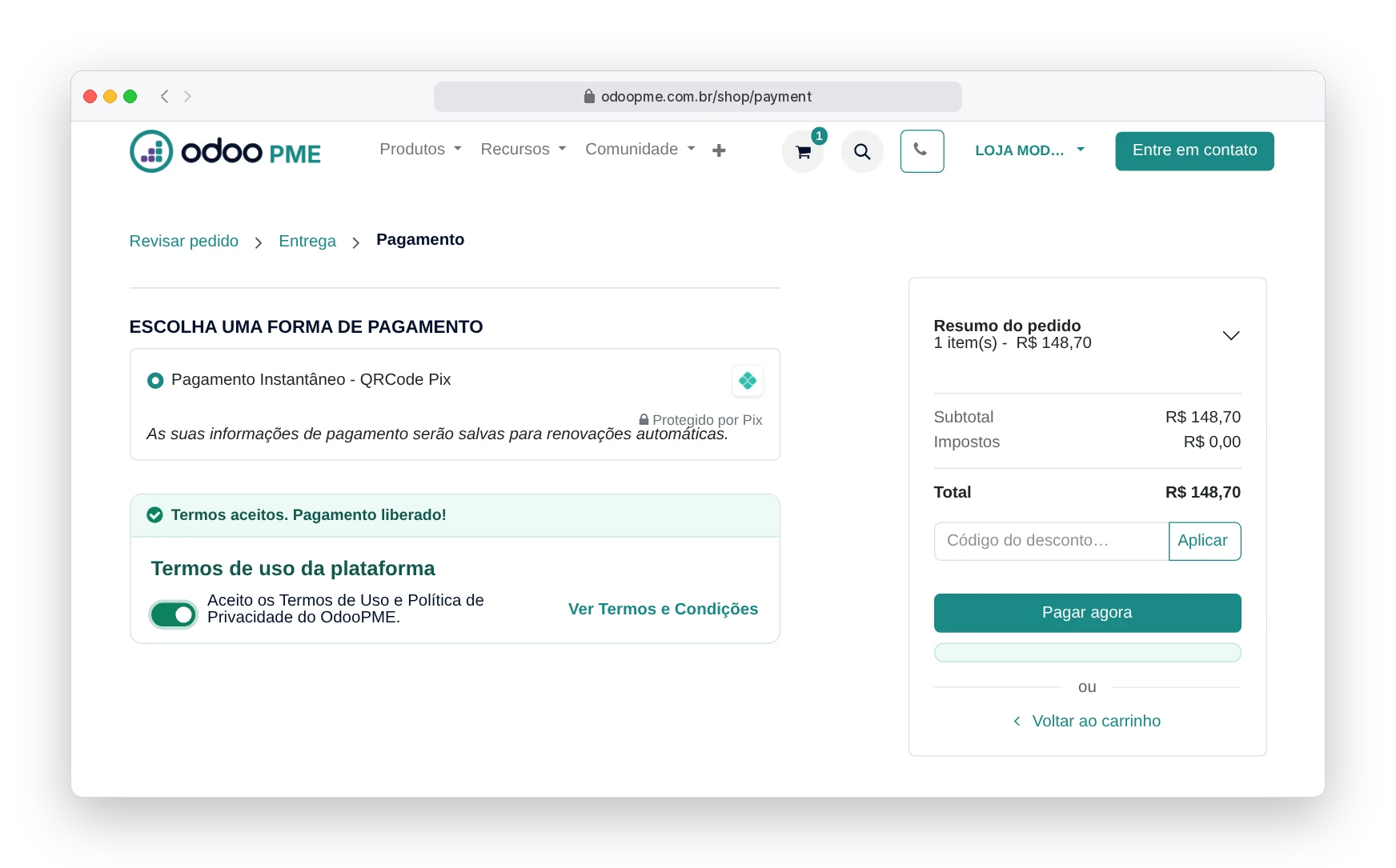 Tela de pagamento do Odoo365 com Pix selecionado, termos de uso aceitos e botão Pagar agora liberado
