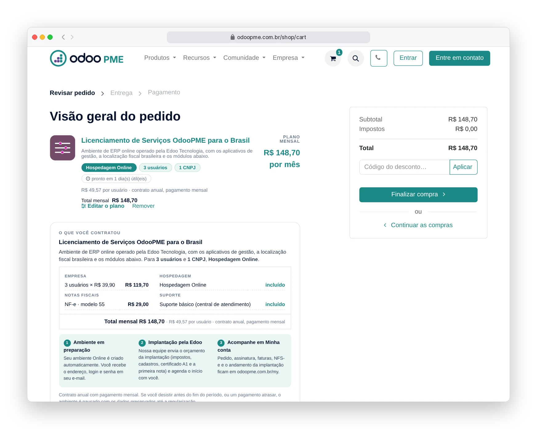Carrinho com uma única linha do plano Odoo365 de R$ 148,70 por mês e o card da contratação